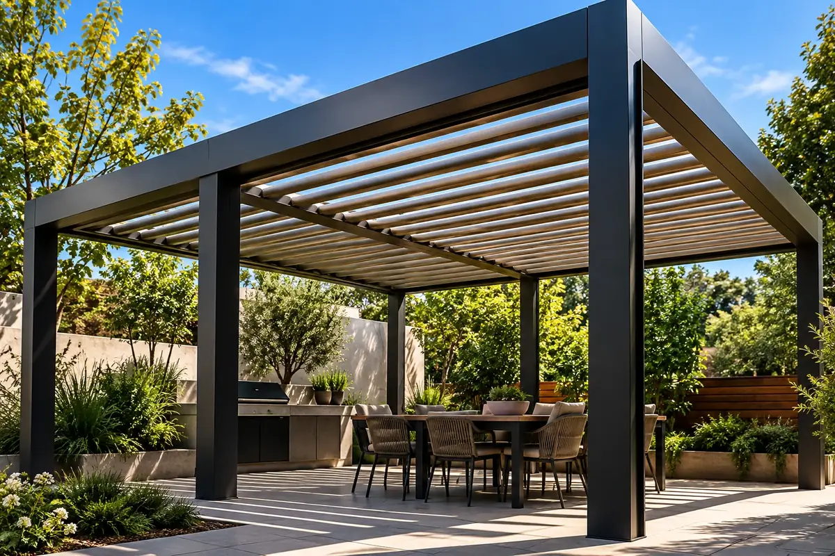 Pérgola de lamas en jardín